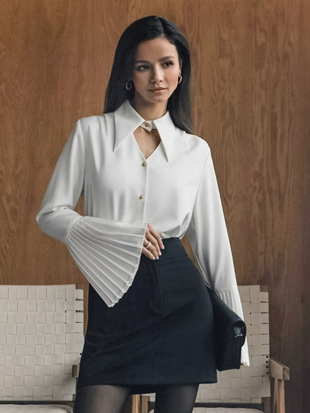 Forever 21 Fall Chiffon Blouse Ruffle Long Sleeve Notch Collar White